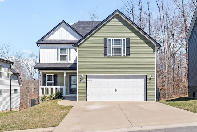 traditional-style home with board and batten siding, a shingled roof, covered porch, a garage, and driveway