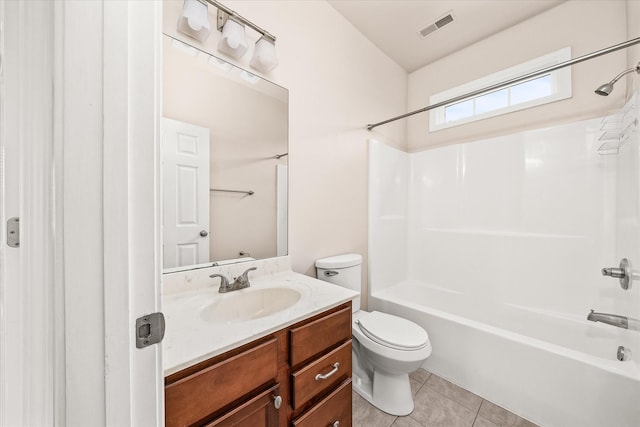 full bath with tile patterned flooring, visible vents, toilet, vanity, and  shower combination