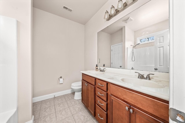 full bath with visible vents, toilet, a sink, tile patterned flooring, and a shower