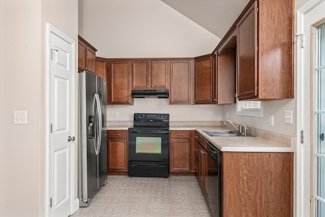 kitchen with extractor fan, light countertops, lofted ceiling, black appliances, and a sink