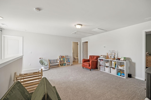 game room with visible vents, attic access, baseboards, and carpet floors