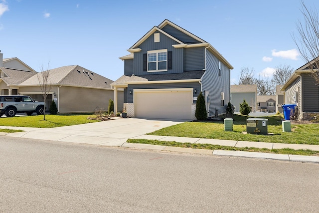 view of front of property featuring driveway, an attached garage, board and batten siding, and a front yard