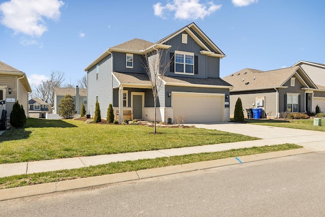 craftsman-style house with an attached garage, concrete driveway, a front yard, and board and batten siding