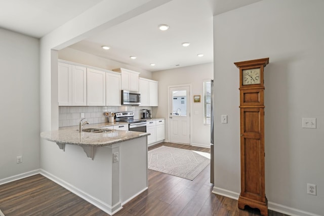 kitchen with dark wood-type flooring, light stone counters, a sink, appliances with stainless steel finishes, and decorative backsplash