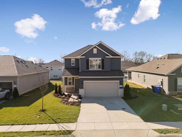 view of front of property with brick siding, board and batten siding, a front yard, driveway, and an attached garage