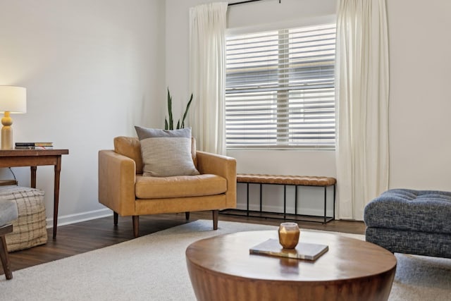 sitting room with baseboards and wood finished floors