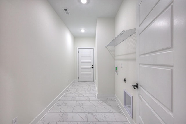 laundry area with visible vents, washer hookup, laundry area, marble finish floor, and hookup for an electric dryer