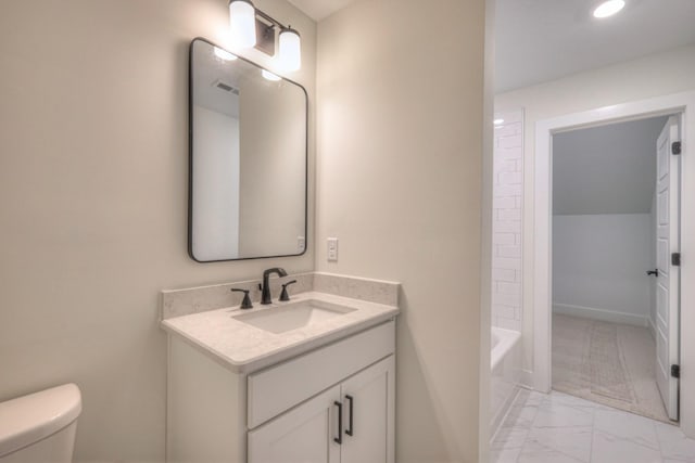 full bathroom with vanity, visible vents, recessed lighting, toilet, and marble finish floor