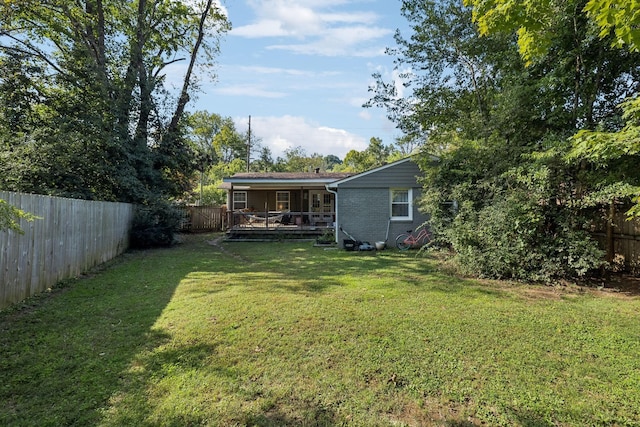 view of yard with a wooden deck and a fenced backyard