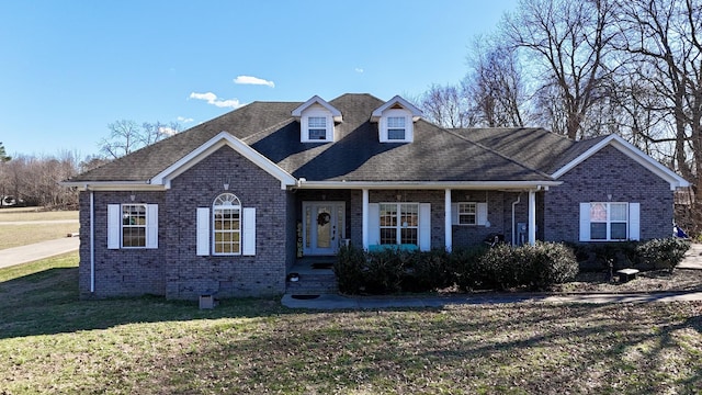 view of front facade featuring crawl space, brick siding, a front yard, and roof with shingles