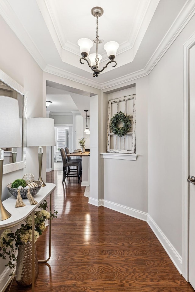 hallway with an inviting chandelier, crown molding, a tray ceiling, and wood-type flooring