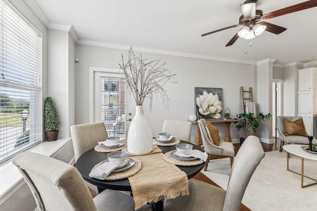 dining space featuring ceiling fan, baseboards, light wood-style flooring, and crown molding