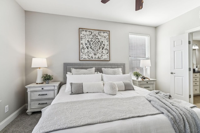 bedroom featuring baseboards, carpet floors, and ceiling fan