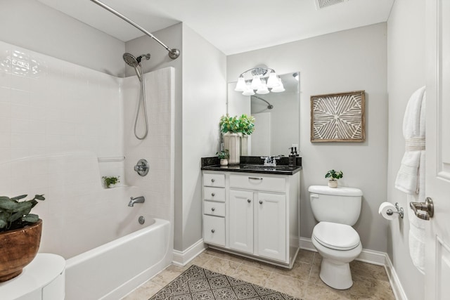 bathroom featuring vanity, visible vents, baseboards, shower / bathing tub combination, and toilet