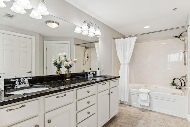 full bath with double vanity, shower / tub combo, visible vents, and a sink