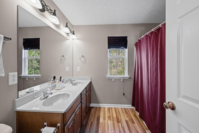 bathroom with plenty of natural light, wood finished floors, and a sink