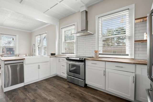 kitchen featuring a sink, stainless steel appliances, wall chimney exhaust hood, and wood counters