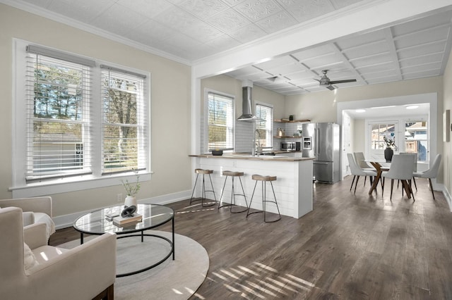 living area featuring ceiling fan, crown molding, baseboards, and dark wood-style flooring