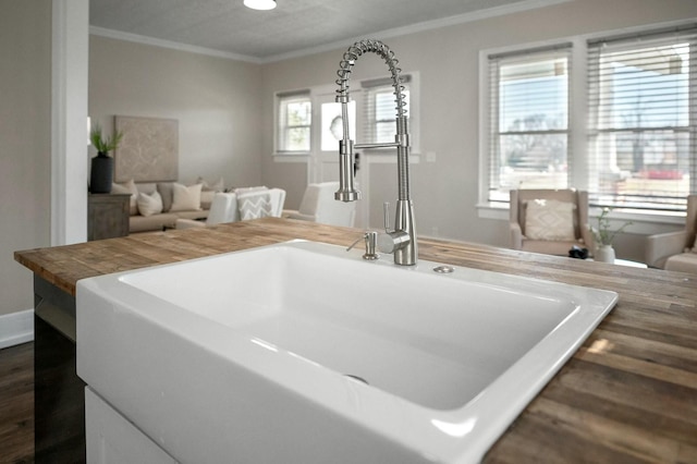 interior space featuring baseboards, butcher block countertops, ornamental molding, dark wood-style floors, and a sink