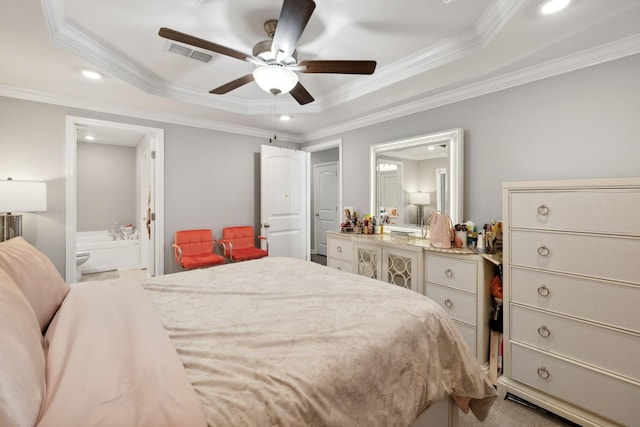 bedroom featuring carpet, visible vents, recessed lighting, crown molding, and connected bathroom