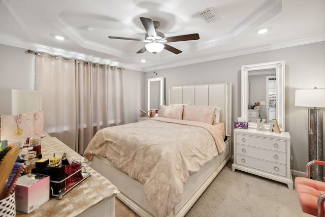 bedroom with visible vents, ornamental molding, light carpet, recessed lighting, and a ceiling fan