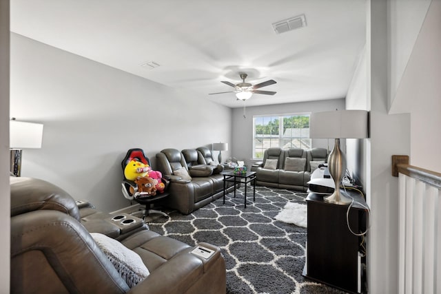 living room featuring visible vents and ceiling fan