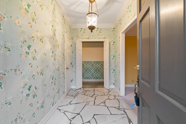 bathroom featuring wallpapered walls, baseboards, and ornamental molding