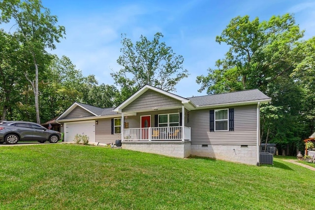 ranch-style house featuring a front yard, covered porch, cooling unit, a garage, and crawl space