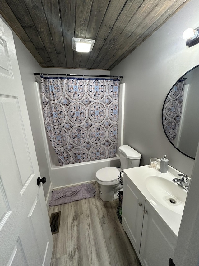 full bathroom featuring wood finished floors, visible vents, shower / bath combination with curtain, wood ceiling, and toilet