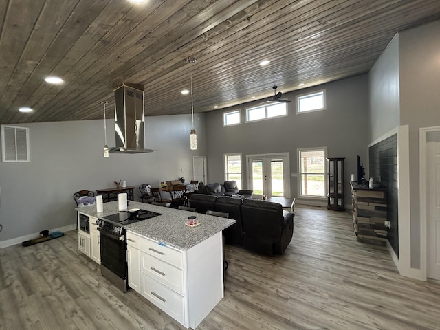 180 Schultz Ln, Huntland, TN 37345 - kitchen with visible vents, a kitchen island, electric range, light wood-style flooring, and white cabinets