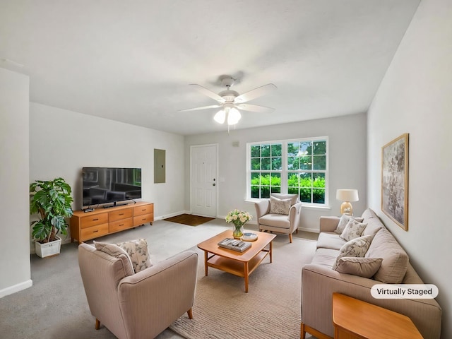 9004 Nathanael Dr, La Vergne, TN 37086 - living room with ceiling fan, electric panel, baseboards, and carpet floors