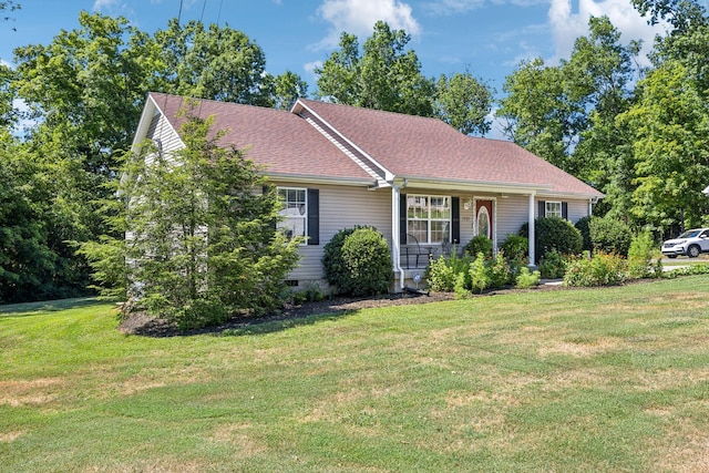 single story home with a front lawn, roof with shingles, and crawl space