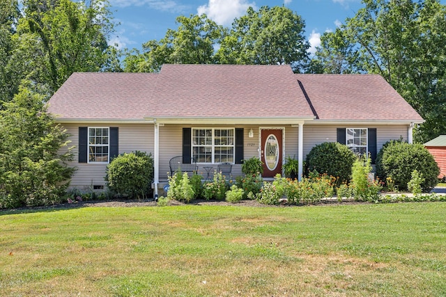 ranch-style house with crawl space, a front yard, and roof with shingles