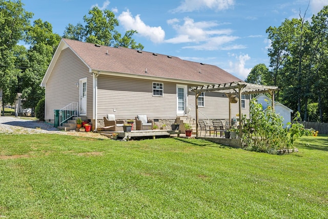 back of property featuring roof with shingles, a pergola, crawl space, a patio area, and a lawn