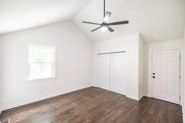 1613 Tammany Dr Unit A, Nashville, TN 37206 - unfurnished bedroom with dark wood-type flooring, lofted ceiling, a closet, ceiling fan, and baseboards