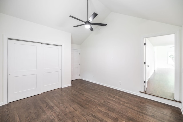 1613 Tammany Dr Unit A, Nashville, TN 37206 - unfurnished bedroom featuring vaulted ceiling, dark wood-style flooring, a closet, a ceiling fan, and baseboards