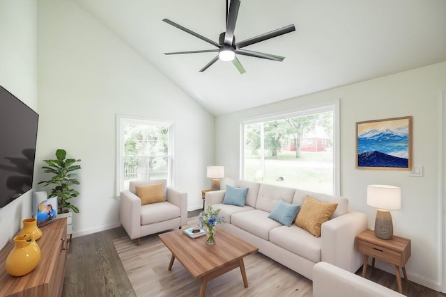 1613 Tammany Dr Unit A, Nashville, TN 37206 - living area featuring light wood-style flooring, ceiling fan, plenty of natural light, baseboards, and vaulted ceiling