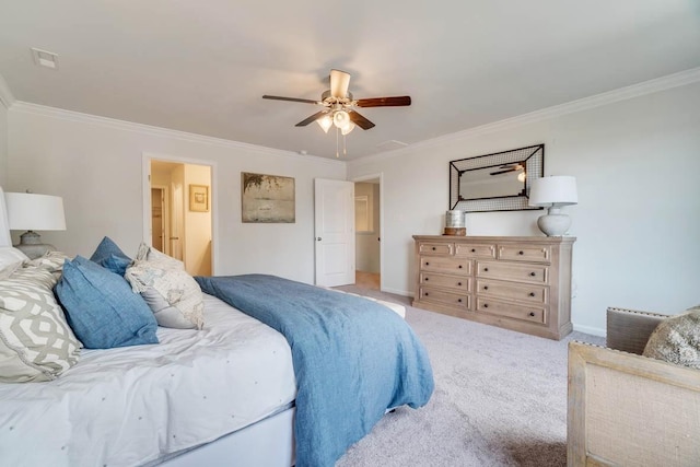 bedroom with baseboards, carpet floors, and crown molding