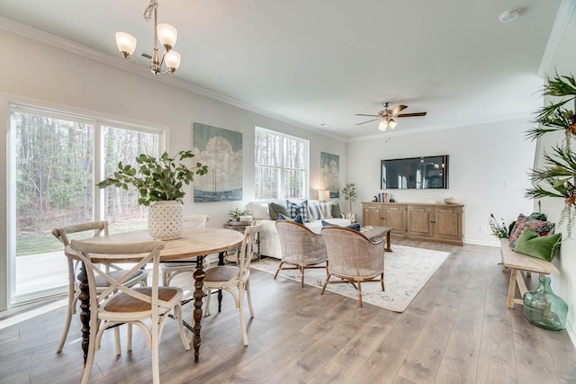 dining space with crown molding, ceiling fan with notable chandelier, and light wood finished floors