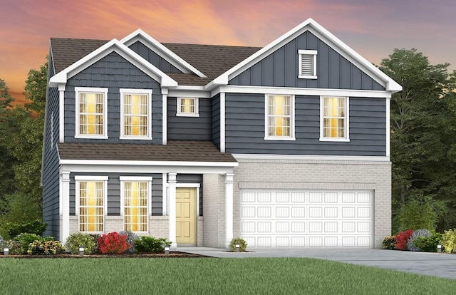 view of front of house with brick siding, board and batten siding, concrete driveway, and a shingled roof