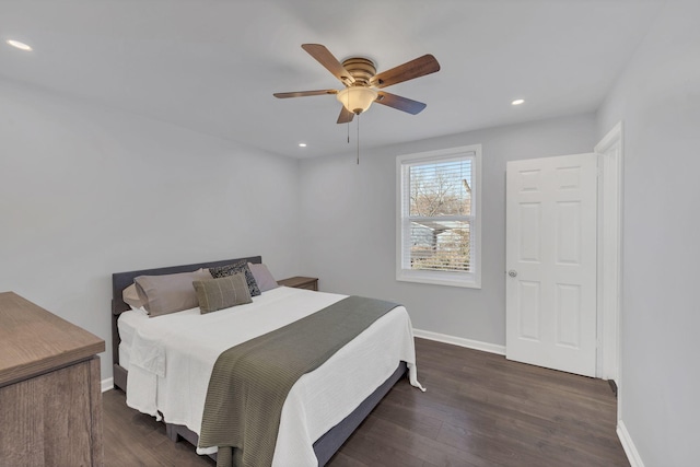 bedroom featuring recessed lighting, baseboards, wood finished floors, and ceiling fan