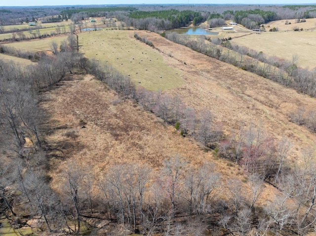 bird's eye view featuring a rural view and a water view