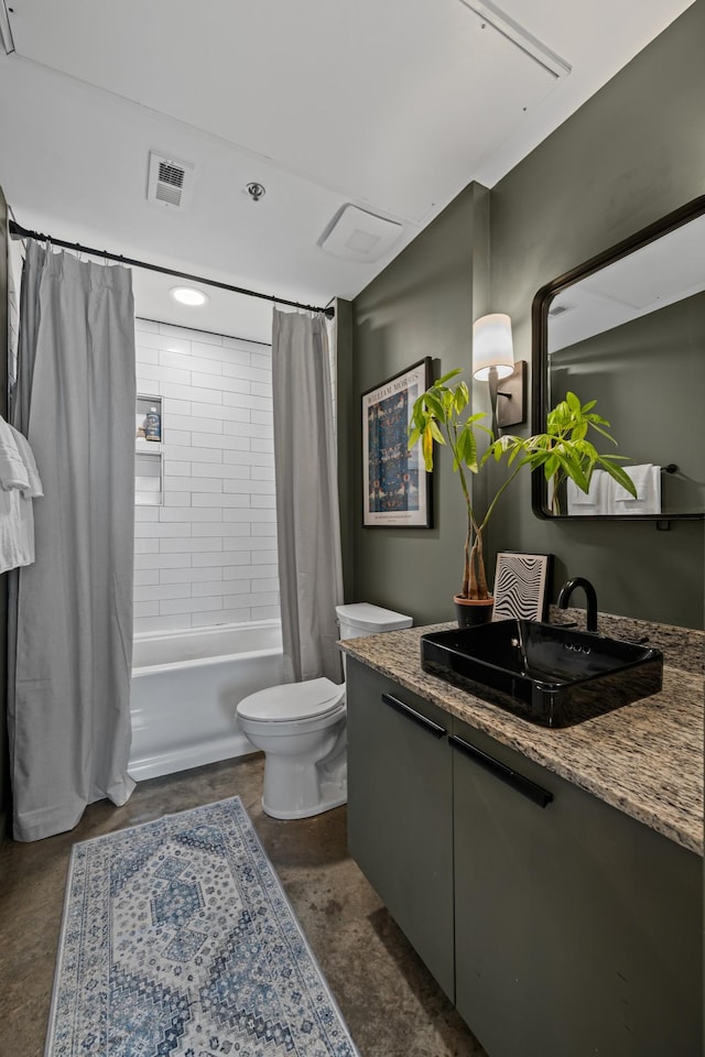 full bathroom with visible vents, shower / bath combo with shower curtain, toilet, and vanity