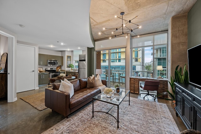 living area with an inviting chandelier