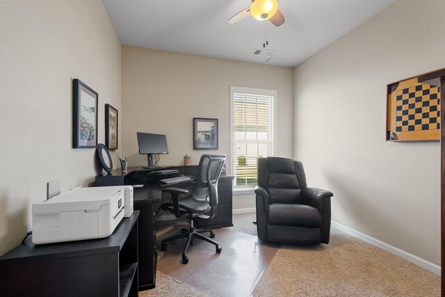 home office featuring a ceiling fan, baseboards, and visible vents