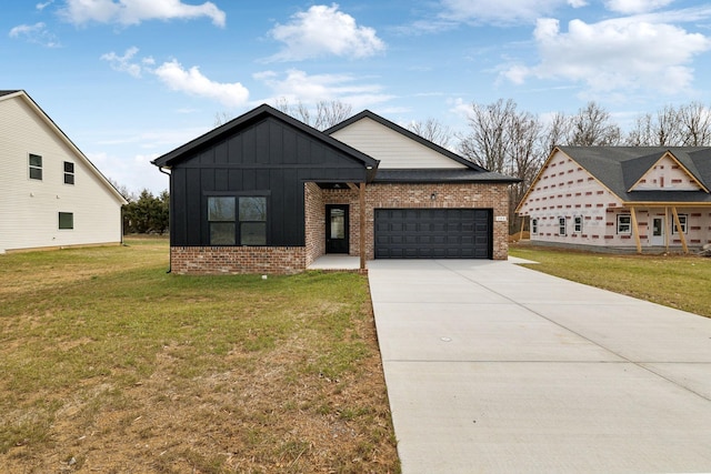 view of front of house with board and batten siding, concrete driveway, an attached garage, a front yard, and brick siding