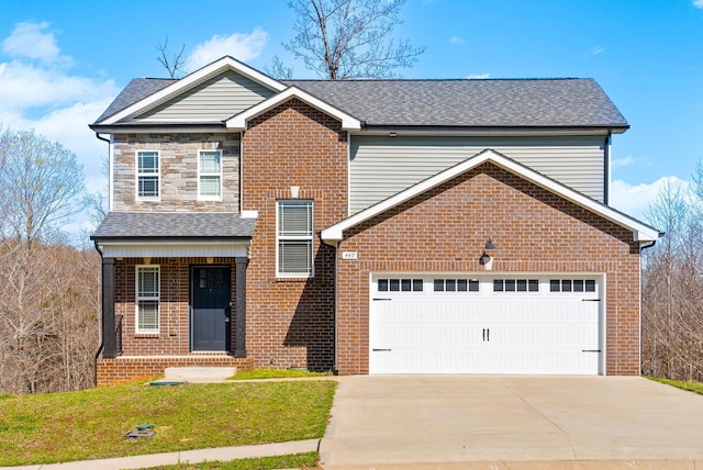 traditional home with an attached garage, driveway, a front yard, brick siding, and a shingled roof
