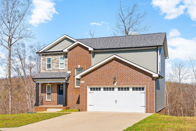 view of front facade featuring driveway, a garage, brick siding, and roof with shingles