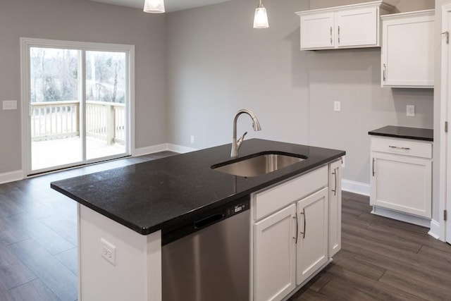 kitchen with a sink, dishwasher, dark wood-style floors, white cabinets, and a kitchen island with sink