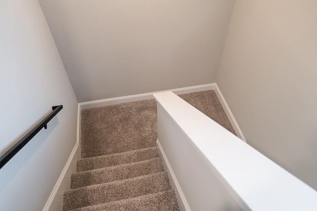 stairs featuring carpet and baseboards